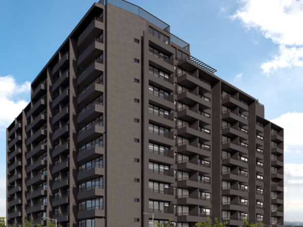Render del Edificio Carrera en Santiago Centro mostrando fachada moderna, balcones y rooftop con vista a la ciudad.