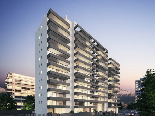Render del edificio Los Navegantes en Las Condes con fachada minimalista y amplias terrazas, ubicado en El Bergantín 970.