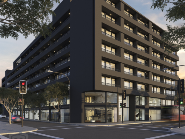 Render de Distrito Barroso mostrando fachada moderna, rooftop con piscina y boulevard comercial a nivel de calle, ubicado en Av. Rosas 1777, Santiago Centro.