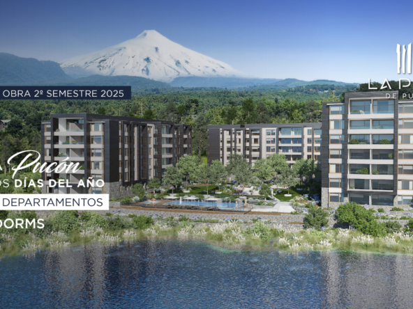 Render de La Poza de Pucón mostrando edificios residenciales con terrazas, piscina y vistas al lago y volcán Villarrica.