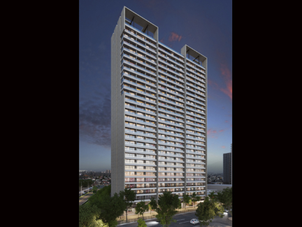 Render del proyecto Zorzal mostrando torre residencial con balcones de vidrio y rooftop panorámico, ubicado en Estación Central.