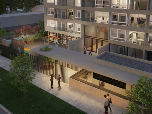 Render de Exequiel Fernández 3430 mostrando torre residencial con piscina rooftop y zonas Pet Zone, ubicada en Macul.