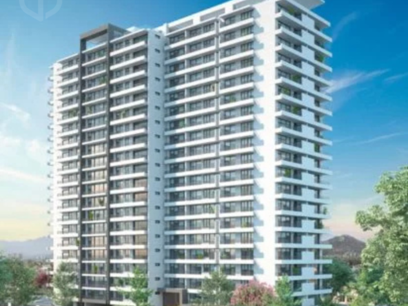 Render de Edificio Terra Nueva mostrando torre residencial moderna, piscina exterior y áreas verdes en Macul.