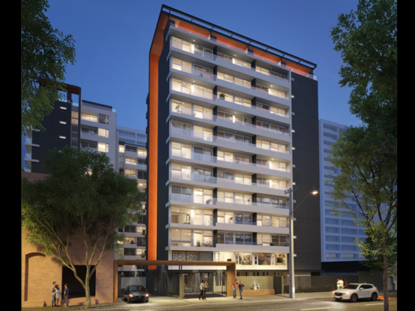 Render del proyecto Santa Elvira 46 mostrando fachada contemporánea, balcones y áreas comunes en rooftop, ubicado en Santiago Centro.