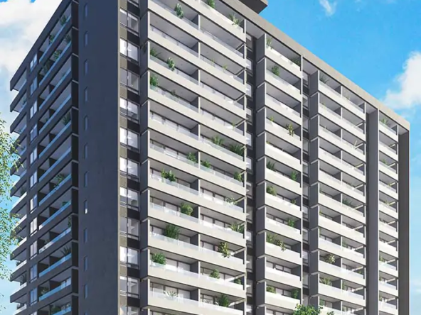 Render del proyecto Equilibrio mostrando torre residencial moderna, piscina y áreas comunes, ubicado a tres cuadras del Metro Lo Ovalle en La Cisterna.
