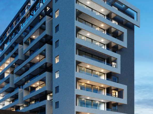 Render del proyecto Move mostrando torre residencial contemporánea, piscina en rooftop y zonas comunes, ubicada frente a la Alameda en Estación Central.