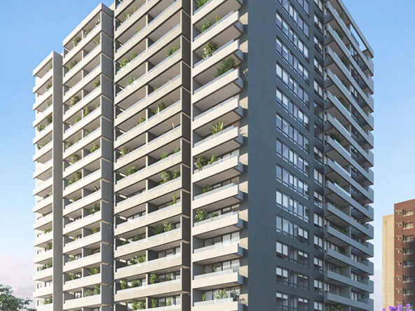 Render del proyecto Armonía mostrando torre de 17 pisos, piscina y zona lounge, ubicada en La Cisterna cerca de Metro Lo Ovalle.
