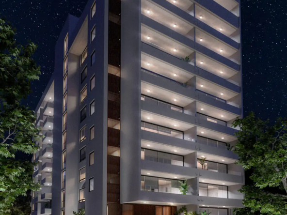 Render del proyecto Raíces mostrando torre residencial moderna, piscina y quinchos, emplazada en el centro de Talca.